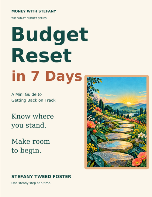 New Lulu cover of Budget Reset in 7 Days by Stefany Tweed Foster with garden stepping-stone artwork
