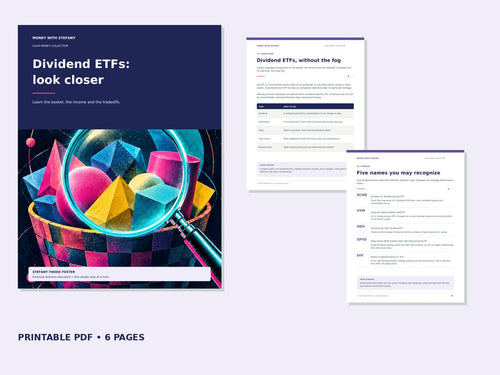 Retro-neon Dividend ETF Guide with actual educational pages