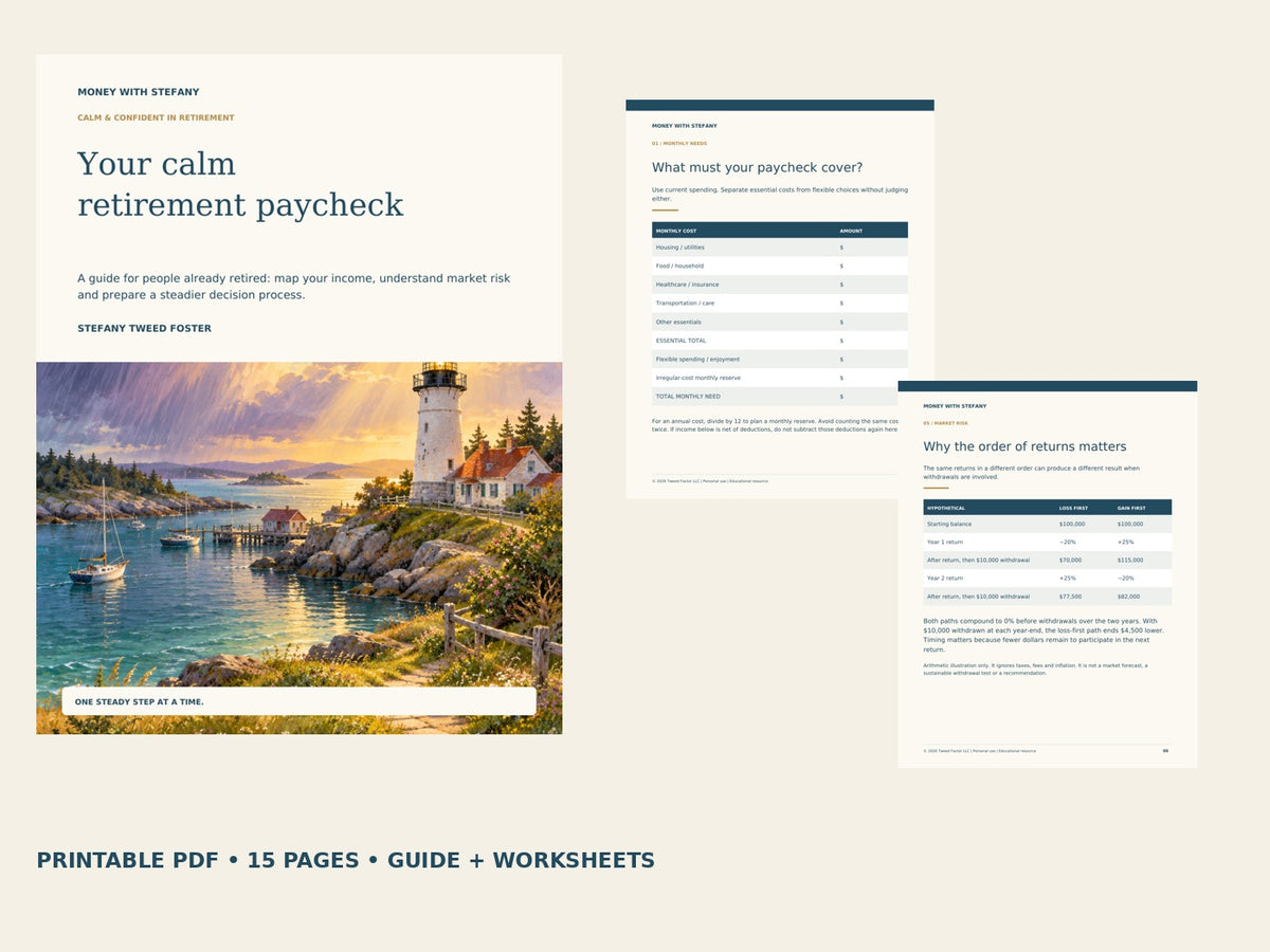 Your Calm Retirement Paycheck | Down-Market Workbook showing cover and actual guide pages