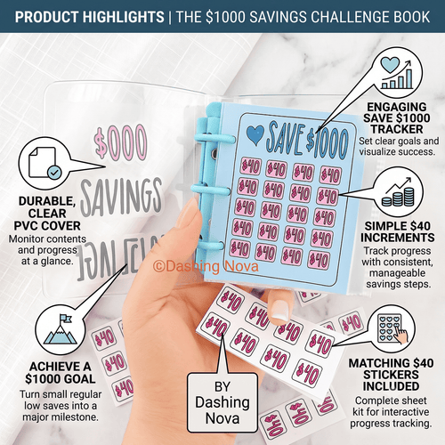 1000 Dollar Savings Challenge Book 3-Ring Binder Clear Cover PVC Money Organizer Budget Planner Cash Stuffing System