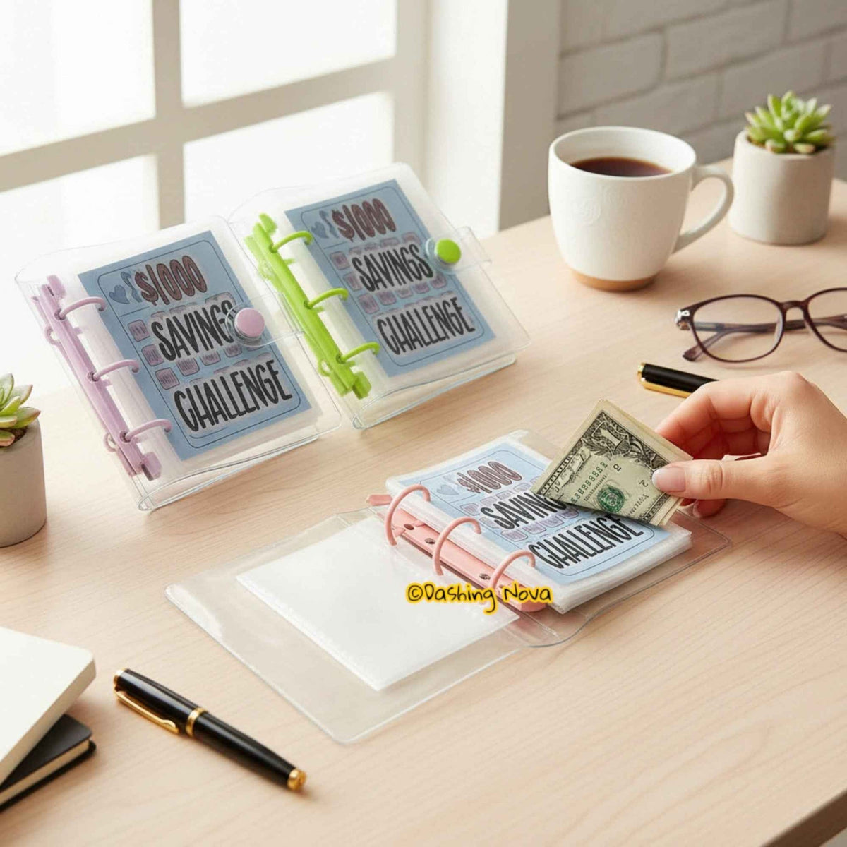 1000 Dollar Savings Challenge Book 3-Ring Binder Clear Cover PVC Money Organizer Budget Planner Cash Stuffing System
